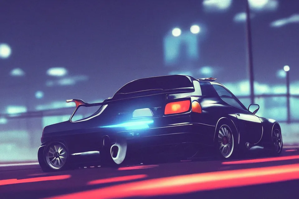 Image similar to aesthetic illustration of very serious ryosuke takahashi with black hair wearing a dark blue shirt standing near mazda rx 7 on an empty highway at dusk, cinematic lighting, initial d anime 1 0 8 0 p, detailed anime face, high detail, 9 0 s anime aesthetic, volumetric lights, unreal engine 5 render, pinterest wallpaper, trending on artstation