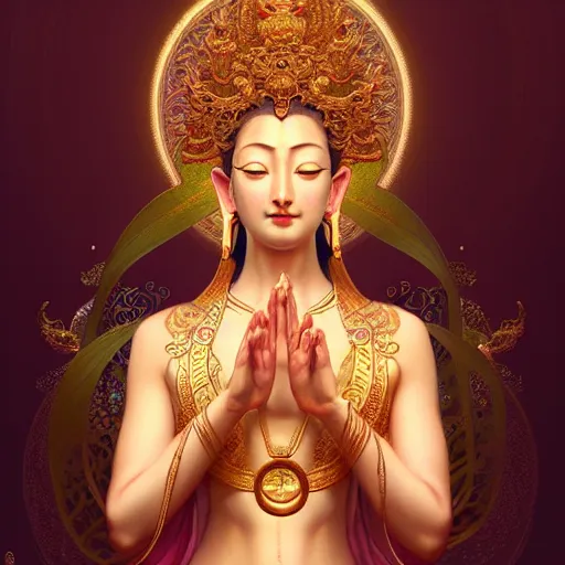 Prompt: avalokiteshvara using a deodorant, intricate, elegant, highly detailed, my rendition, digital painting, artstation, concept art, smooth, sharp focus, radiant light, illustration, art by artgerm and greg rutkowski and alphonse mucha