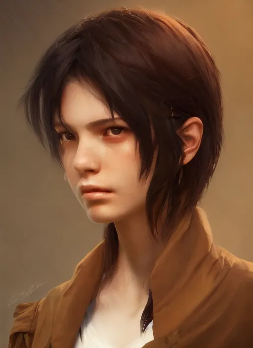 Image similar to upper body portrait of a young girl from final fantasy live action, with short black hair and green eyes in a tan trenchcoat over a white shirt, award winning, masterpiece digital painting by greg rutkowski, alex grey, artstation, 4 k wallpaper,