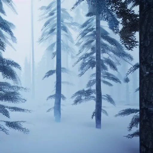 Image similar to still shot of a forest covered with winter fog, highly detailed, photorealistic portrait, bright studio setting, studio lighting, crisp quality and light reflections, unreal engine 5 quality render