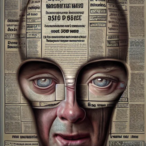 Prompt: worker faces, newspaper, photorealistic painting, hyperrealistic painting, figurative art, poster art, by igor morski and mike winkelmann