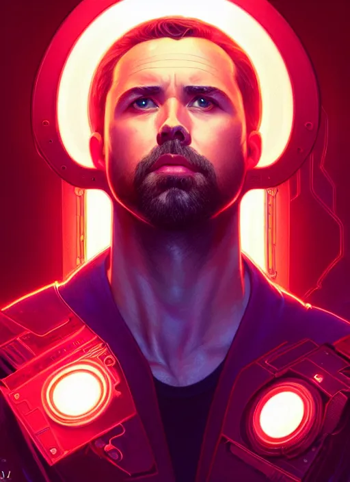 Image similar to symmetry! portrait of rob mcelhenney, sci - fi, tech wear, glowing lights!! intricate, elegant, highly detailed, digital painting, artstation, concept art, smooth, sharp focus, illustration, art by artgerm and greg rutkowski and alphonse mucha