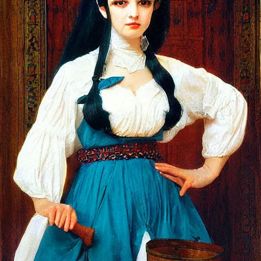 Prompt: maid! cosplay, symmetric beautiful face, orientalism portrait of a cute young woman with twin tails by Edwin Longsden Long and Theodore Ralli and Nasreddine Dinet and Adam Styk masterful intricate artwork