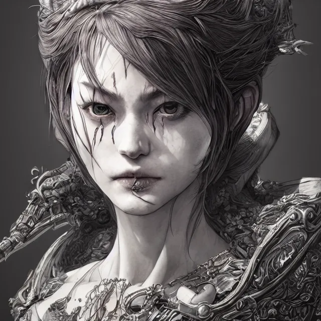 Image similar to the portrait of neutral evil fallen female dark knight vagabond as absurdly beautiful, gorgeous, elegant, sophisticated, woman, an ultrafine hyperdetailed illustration by kim jung gi, irakli nadar, intricate linework, bright colors, octopath traveler, final fantasy, unreal engine 5 highly rendered, global illumination, radiant light, detailed and intricate environment