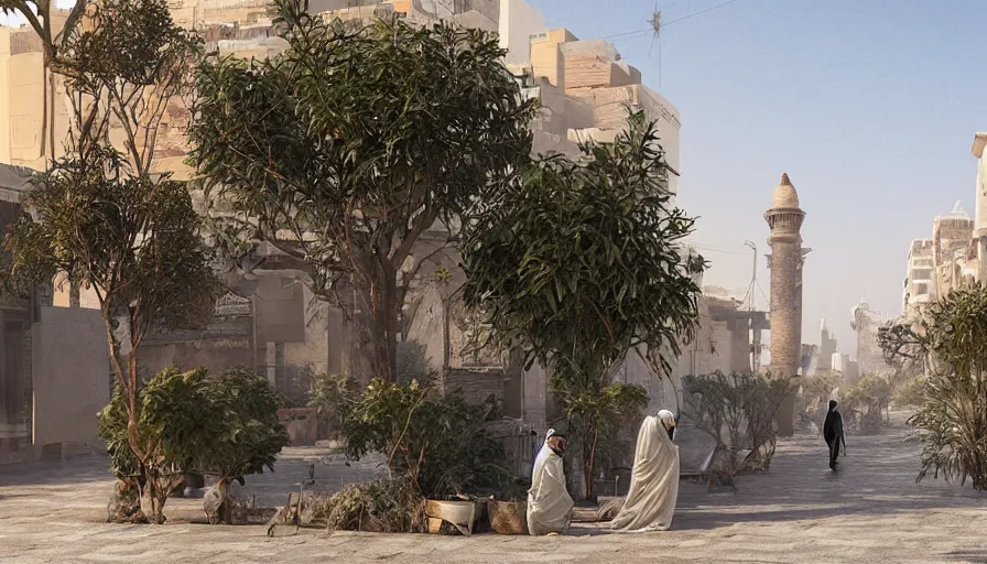 Image similar to old jeddah city street, roshan, shops, pharmacy, a nomad wearing a worn out coat, plants, tree, dramatic lighting, by caspar david friedrich by james gilleard and justin gerard, artstation, smooth, sharp focus, by jean baptiste, octane render