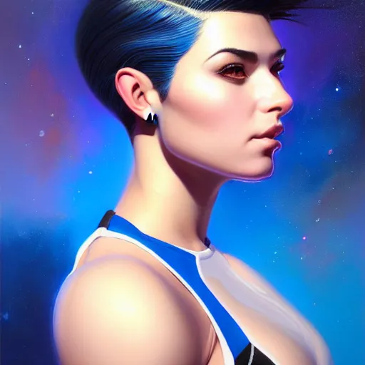 Image similar to a portrait of a very beautiful woman in a spacesuit, Alexandria\'s genesis, shoulder-length blue undercut hair, bored, illustration, soft lighting, soft details, painting oil on canvas by mark arian by artgerm, trending on artstation, 4k, 8k, HD