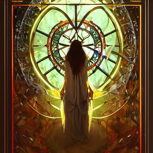 Prompt: an acrylic on canvas portrait of Alec Guinness Shaman Lightworker Alchemist Druid, Mystery, Love, wholeness, rooted lineage, web of life, open eye freedom by Greg Rutkowski, Artgerm and Alphonse Mucha. Epic fantasy art.