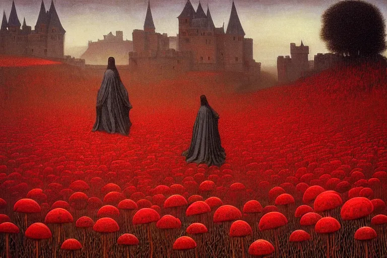 Image similar to only with red, red mushrooms of different types, a red tiger, a castle in the background, medieval demons dance over the flowers, an ancient path, in the style of beksinski, part by hopper, part by rodcenko, part by hofbauer, intricate composition, red by caravaggio, insanely quality, highly detailed, masterpiece, red light, artstation