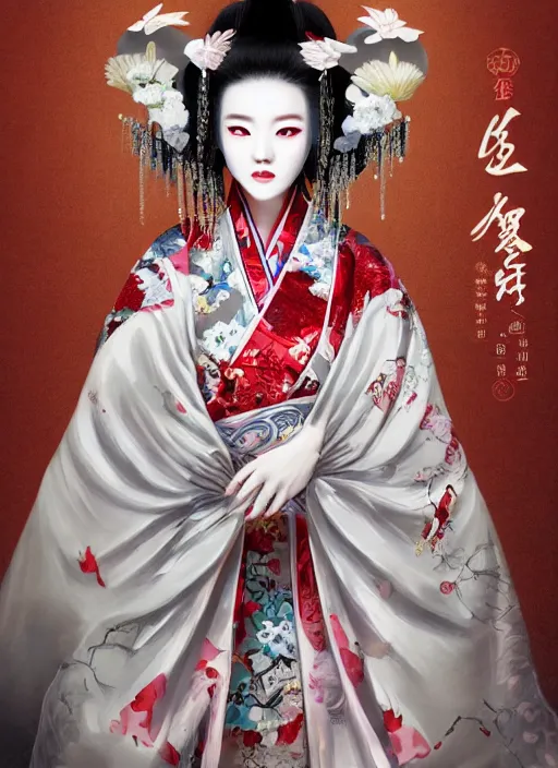 Prompt: full body portrait of a female kitsune peking opera actress by wlop, wuxia, xianxia, kitsune, actress, peking opera, lithe, absurdly beautiful, seductive, detailed, realistic, anatomically accurate, fantasy illustration, artstation, wlop, 4 k.