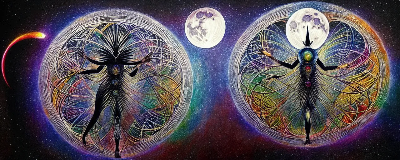 Image similar to a strange beautiful creature from bifrost radiates a unique canto'as above so below'to the moon, while being ignited by the spirit of haeckel and robert fludd, breakthrough is iminent, glory be to the magic within, in honor of saturn, painted by ronny khalil