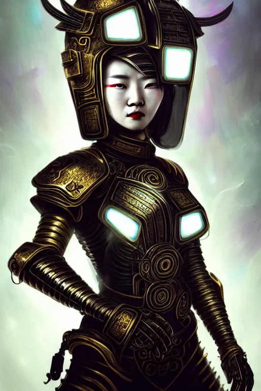 Image similar to beautiful and divine and luxury and evil and dieselpunklpunk three kingdom chinese female armor knight portrait+shinnyy eyes with light flowing hair, fighting in the chinese palace, ssci-fi, fantasy, neon light, fantasy, intricate complexity, human structure, human anatomy, hyperrealism 8k, art and illustration by tian zi and craig mullins and WLOP and alphonse mucha,