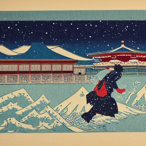 Image similar to enoden running in the snow near shonan kaigan koen station, ukiyoe, intricate,