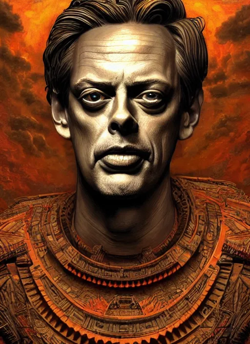 Prompt: a giant! statue of steve buscemi's head, inside an aztec! jungle, cosmic horror painting, elegant intricate digital painting artstation concept art by mark brooks and brad kunkle detailed