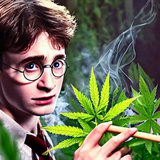 Prompt: harry potter surrounded by green dense weed kush plants, smoke in front, smoke behind, smoke background, red eyes, smoking weed