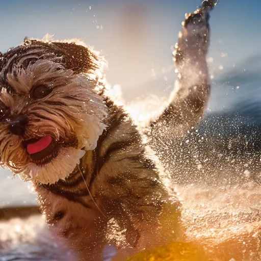 Image similar to a closeup photorealistic photograph of a cute smiling tiger bichon puppy splashing in the surf during sunset. professional capture, well lit shot. this 4 k hd image is trending on artstation, featured on behance, well - rendered, extra crisp, features intricate detail, epic composition and the style of unreal engine.