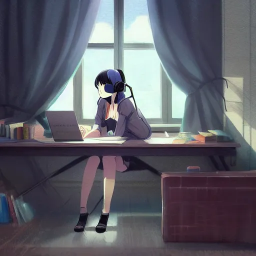 Prompt: Anime painting of a black haired girl wearing headphones while studying in her warm cozy home, by makoto shinkai, relaxed, calm, atmospheric, peacefull, trending on artstation, kimi no na wa