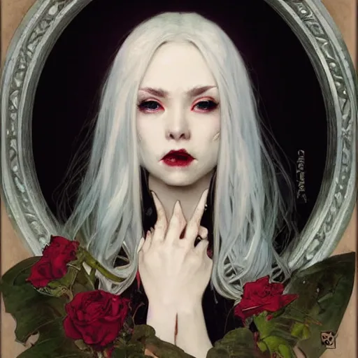 Prompt: portrait of a menacing beautiful vampire by Stanley Artgerm Lau , greg rutkowski, thomas kindkade, alphonse mucha, loish, norman rockwell, J. C. Leyendecker. bright white hair, pale skin, angry complexion, detailed eyes, closed mouth, clean face, black rose frame. D&D, fantasy. Trending on artstation rule of thirds extremely detailed old illustration hd 4k