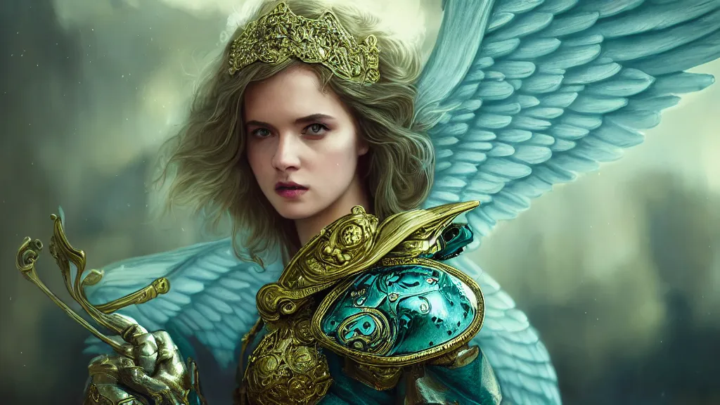 Image similar to angel, big wings, low key light, full plate armor with cloth, f 1 6, bokeh, close up portrait, gentle, female, ornate city ruins, landscape, d & d, fantasy, intricate, elegant, highly detailed, teal white gold color palette, roger deakins, sharp focus, concept art, greg rutkowski and alphonse mucha