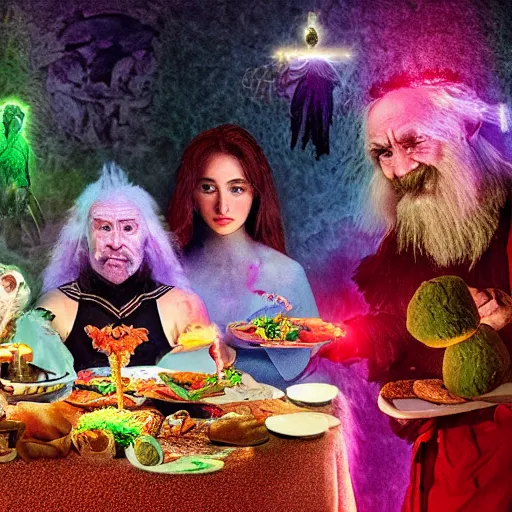 Prompt: an 8 k magazine editorial photo shoot color hdr picture of zardoz accessing third eye everlasting magical second level during his 9 6 6 th birthday party along with female friends. everything is of the second level including plates of green bread and hams on the isle of kun lao. volumetric lighting. atmospheric