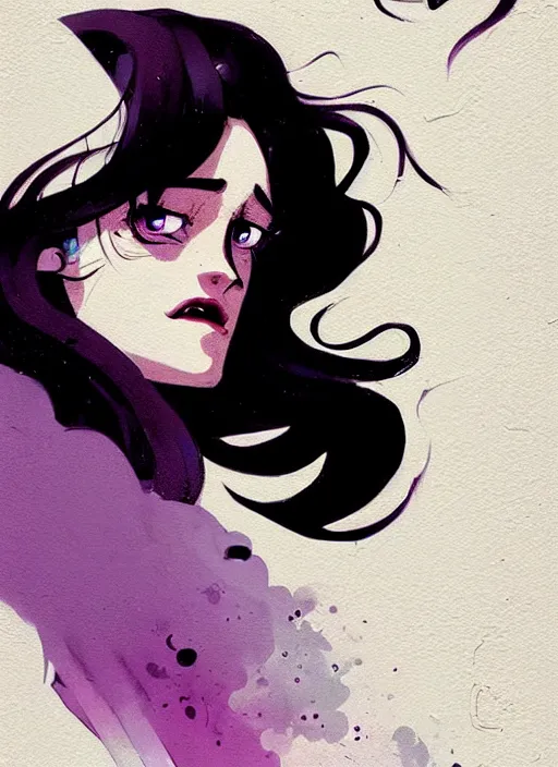 Prompt: highly detailed closeup portrait of beautiful carly chaikin as darlene alderson, wavy black hair, by atey ghailan, by greg rutkowski, by greg tocchini, by james gilleard, by joe fenton, by kaethe butcher, gradient purple, black and white color scheme, grunge aesthetic!!! ( ( graffiti tag wall background ) )