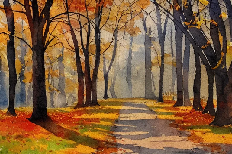Image similar to avenue autumn watercolor pen light color on artstation