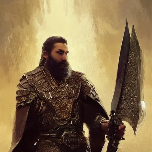 Image similar to A portrait of a king with short hair and a trimmed beard, dual wielding swords, wearing a cheetah pelt cloak, fantasy, digital art by Ruan Jia, Donglu Yu