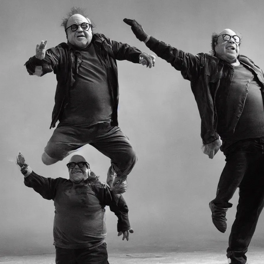 Prompt: danny devito dancing, heroic shot, post apocalyptic, cyberpunk