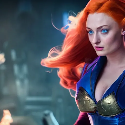 Image similar to an action shot centered on Sophie turner as Miss Fortune in League of Legends, 4K, cinema, imax, hyperreal