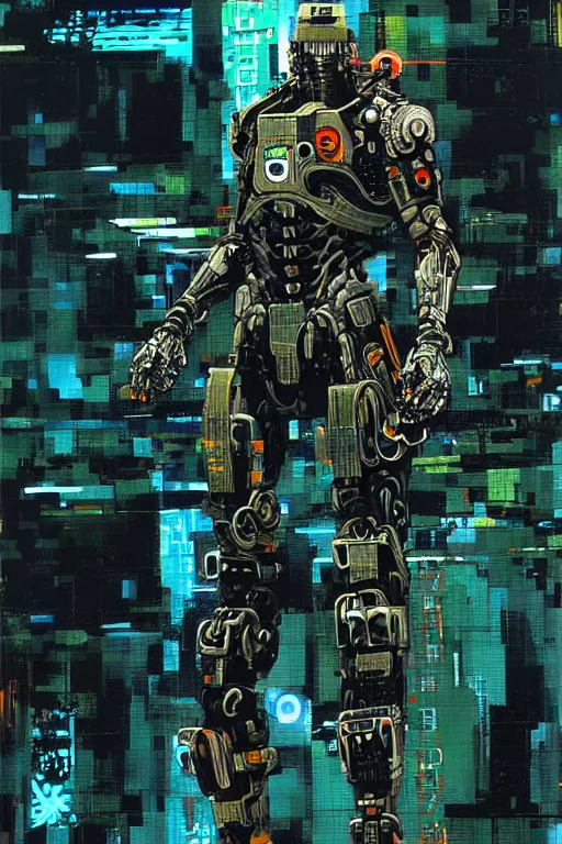 Image similar to a futuristic cybernatic advanced soldier, ninja, hellish landscape painting by greg ruthowski, alphonse murac, yoshikata amano, yoji shinkawa, collaborative artwork, exquisitely high quality and detailed