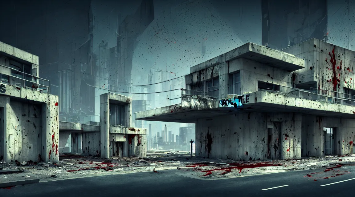 Image similar to post apocalyptic police station, building, avenue, extremely detailed, modern architecture, contemporary architecture, americana architecture, concrete architecture, tar roads, by shaddy safadi, neil blevins, trending on artstation, high quality, photorealistic, wild vegetation, blood stains on walls, 4 k resolution blade runner