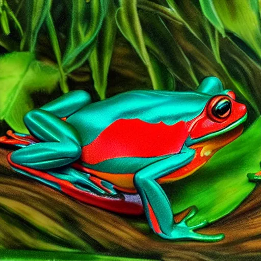 Image similar to green frog dressed in red sneakers, tropical forest, photorealistic