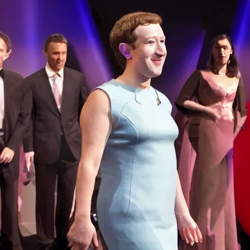 Image similar to mark zuckerberg in drag on stage, he is fulfilling his dreams, spotlight, beautiful, elegant, wide shot, live on stage, extreme detail