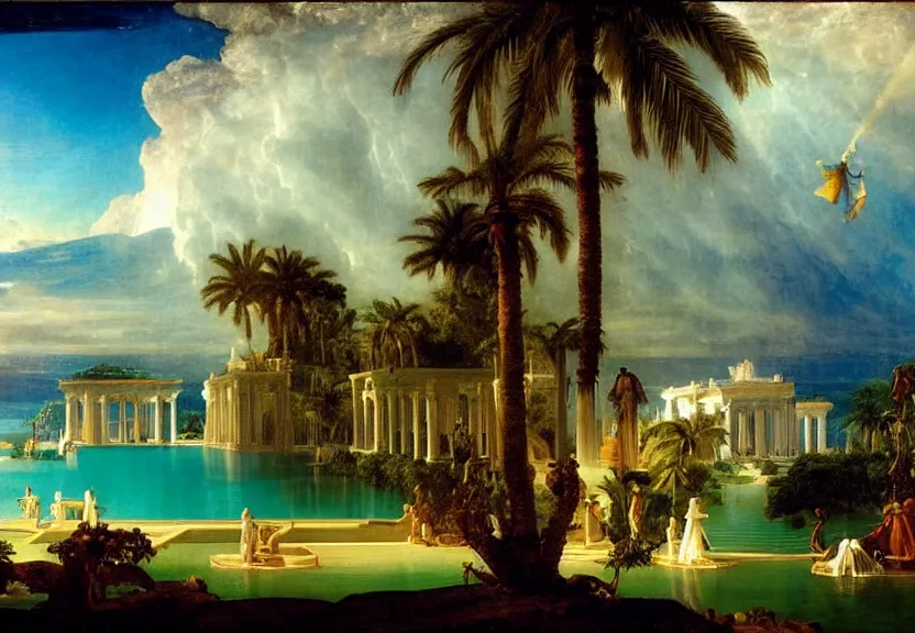 Image similar to Palace floating in heaven, 1km tall, thunderstorm, greek pool, beach and palm trees on the background major arcana sky, by paul delaroche, hyperrealistic 4k uhd, award-winning very detailed, heaven paradise