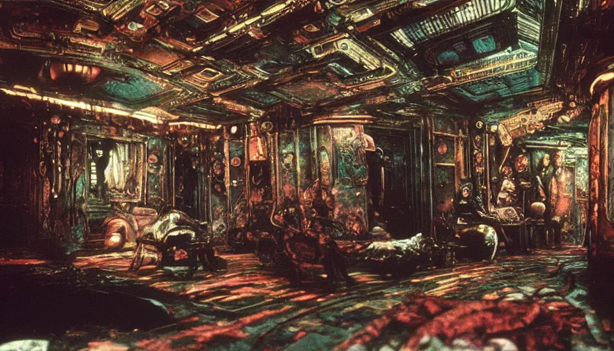 Image similar to an autochrome of a sci - fi 1 9 0 0's opium den with living, fleshy cronenberg walls, filmset interior of alien, designed by gustav klimt, octane renderer