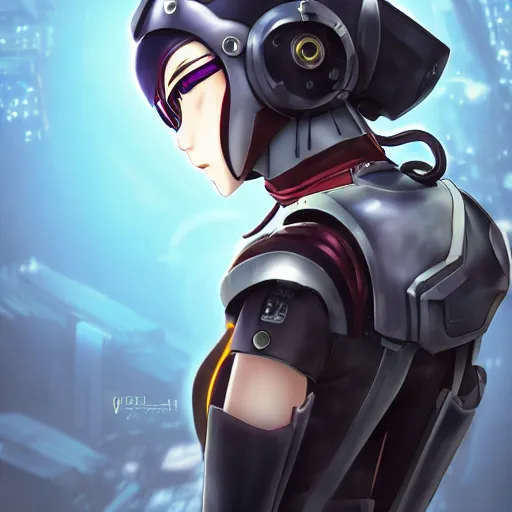 Image similar to anime girl with cyberpunk helmet, epic, serious, intense, steampunk, armor, side view, cinematic lighting, extremely detailed, anime, studio ghibli, beautiful,