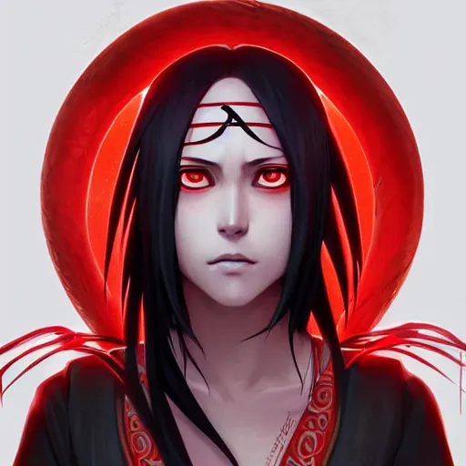 Prompt: itachi uchiha, red glowing eyes, intricate, elegant, highly detailed, digital painting, artstation, concept art, smooth, sharp focus, illustration, art by artgerm and greg rutkowski and alphonse mucha