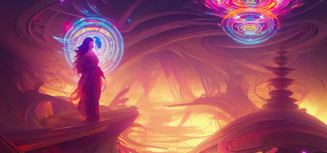 Image similar to a floating temple, channeling swirling energy, wearing netrunner clothing, vaporwave aesthetic, colorful, psychedelic, digital painting, artstation, concept art, smooth, sharp focus, illustration, art by artgerm and greg rutkowski and alphonse mucha