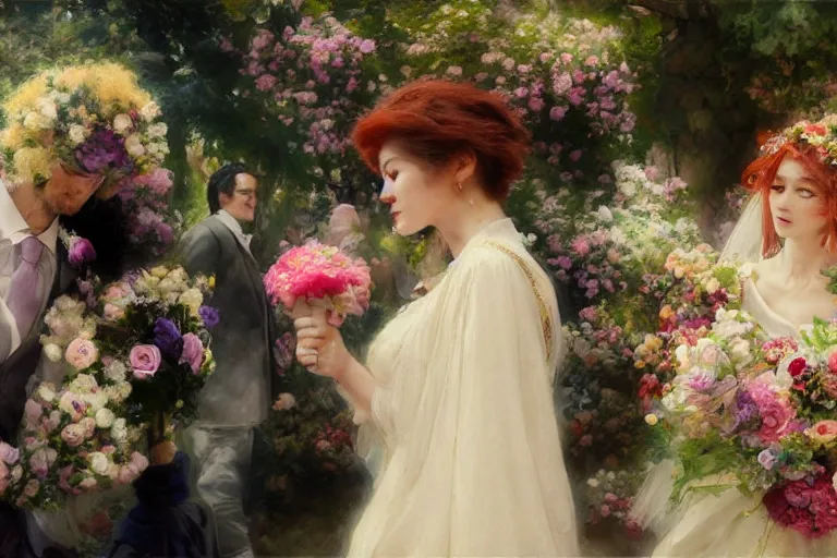 Image similar to the groom look at the bride at a wedding full of flowers, bright and happy, dreamlike art, highly detail, 4 k realistic, wedding photoy krenz cushart, artem demura, yoji shinkawa artgerm, jon lothian, danilo torres. adi meyers. thomas reimann. gaston bussiere.