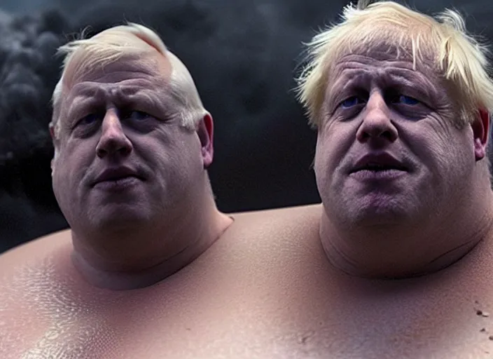 Image similar to boris johnson as baron harkonnen in a black oil bath in a still from the film Dune (2021)