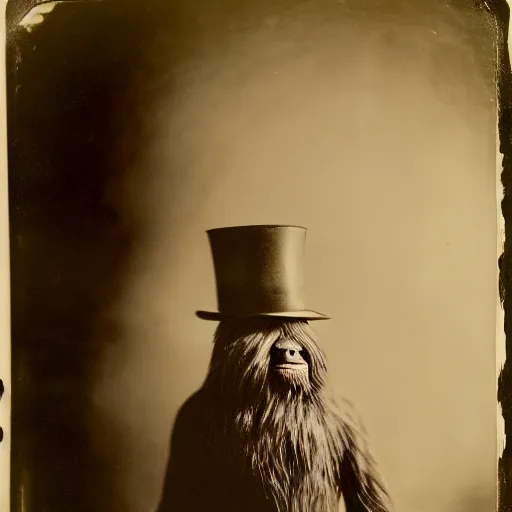 Prompt: a vintage wet plate portrait of a dignified bigfoot with a top hat and cane, extremely detailed, by angus mcbean!!!!!!!!!!!!!!!!!!