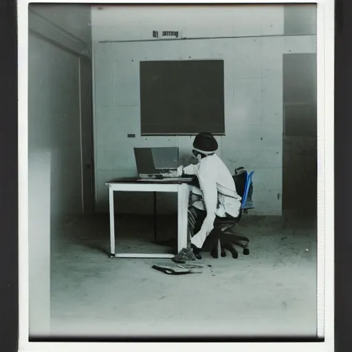 Image similar to a polaroid photo of man using a laptop inside in warehouse, he sitting on chair and small table, he's wearing blue cloth and construction hat, photo from behind, highly details, perfect face shape, cinematic lighting,