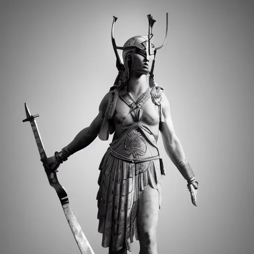 Prompt: full size beautiful marble statue of athena, hoplite helmet on her head, sword in her hands, realistic proportions, athletic body, realistic face, hyperrealistic, 8 k, full size photo, artstation