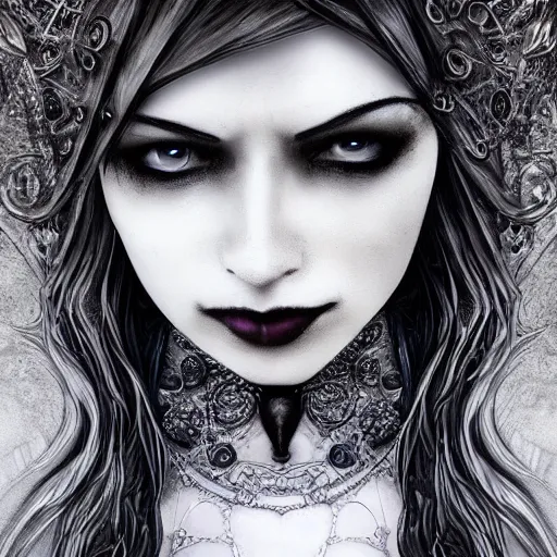 Image similar to full length portrait of a woman with timeless beauty & breathtaking eyes dressed in gothic attire, intricate digital art, elegant, DSLR 8K, biblical art, realism, incomprehensible detail, final fantasy & silent hill aesthetic, photorealistic, lifelike, created by z--ed on deviantart