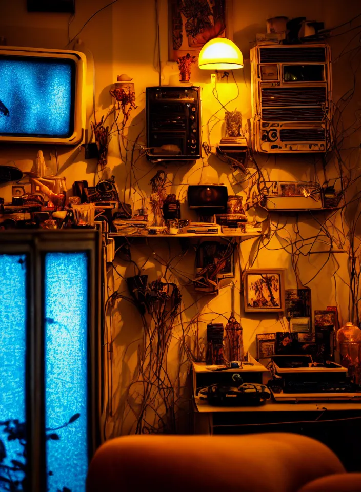 Image similar to telephoto 7 0 mm f / 2. 8 iso 2 0 0 photograph depicting the feeling of chrysalism in a cosy cluttered french sci - fi ( ( art nouveau ) ) cyberpunk apartment in a dreamstate art cinema style. ( ( computer screens, sink ( ( ( fish tank ) ) ) ) ), ambient light.