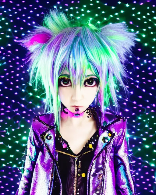 Image similar to a hologram of decora styled yotsuba koiwai wearing a gothic spiked jacket, holography, irridescent, baroque visual kei decora art