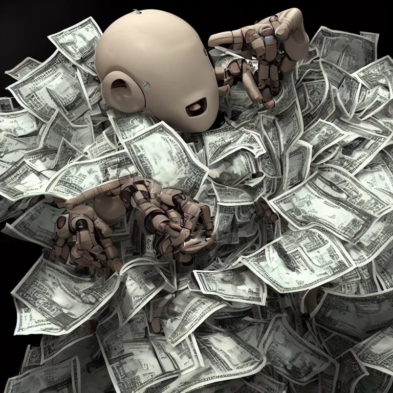 Image similar to Dall-E AI robot, drowning in cash,