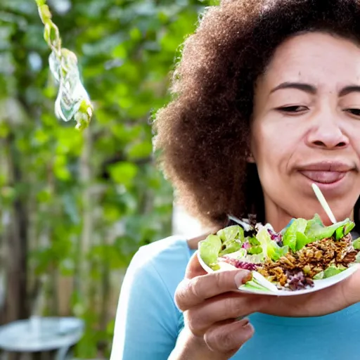 Prompt: a woman eating a salad made entirely of insects. close up photograph.