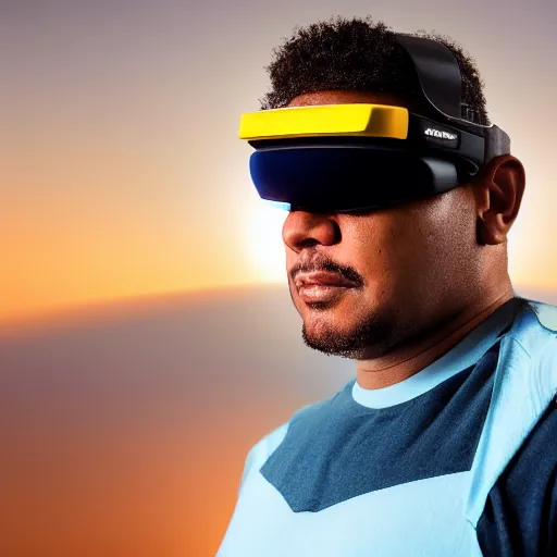 Image similar to a beautiful portrait of a bloke wearing geordi la forge's visor and a tank top, on a hot australian day, high quality, photography, volumetric lighting, 8 k