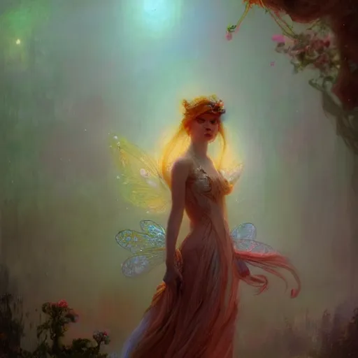 Image similar to Fairy Princess illustrated by Gaston Bussiere and Greg Rutkowski, gloomy and neon lighting, bloom effect, soft focus, volumetric lighting, 4k, 8k, intricate, detailed, trending on artstation, artstationHQ, artstationHD, artstation digital artwork.