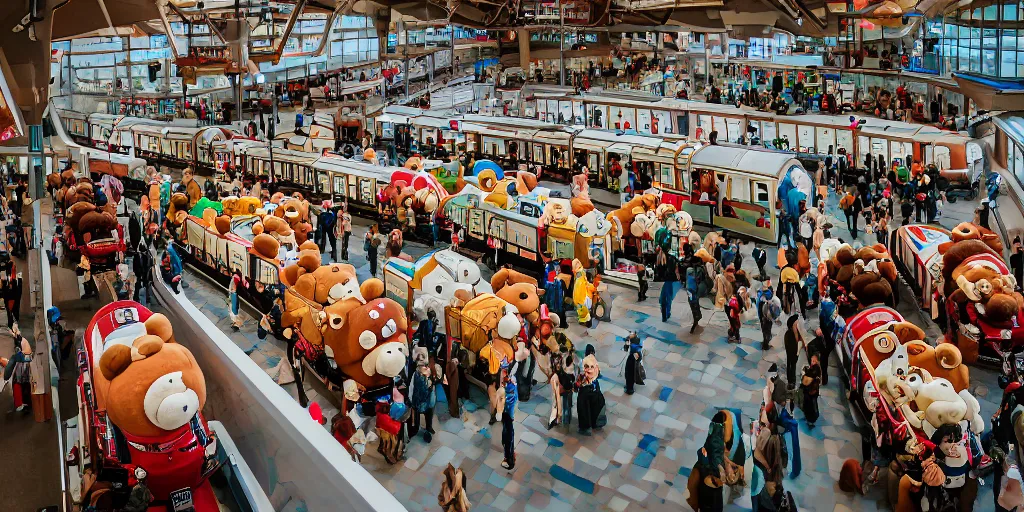 Prompt: overhead shot of inside a teddy bear train station, professional photography,